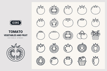 Collection of Tomato Icons Representing Vegetables and Fruit White Background.