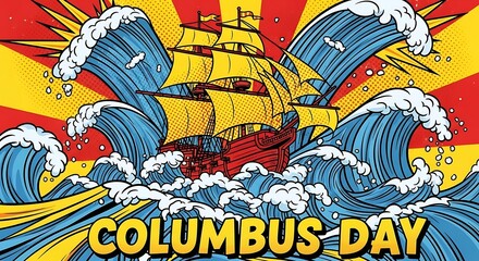Celebrate Columbus Day with a striking pop art illustration of a vintage sailing ship navigating a dynamic ocean, perfect for festive promotions
