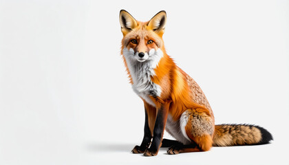 Fototapeta premium A beautiful red fox sitting comfortably on the ground captured against a bright white background for clear visibility