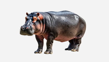 Obraz premium Hippopotamus standing firmly with large body and open mouth isolated on white background providing ample copy space