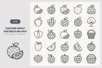 Collection of Fruit Icons Vegetables And Fruit Editable In Black White Background.