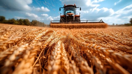 Fototapeta premium Harvesting wheat in a sunny field with a tractor working against a clear blue sky
