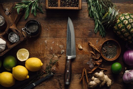 Kitchen countertop with various ingredients and a knife