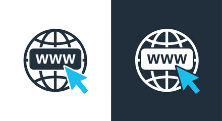 Global web link icon with cursor pointer and www text solid glyph - Line and glyph solid icon and logo templete
