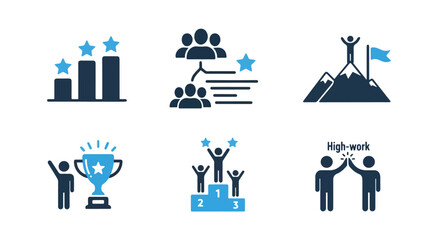 Teamwork success celebration achievement icons set for business and goals - Line and glyph solid icon and logo templete