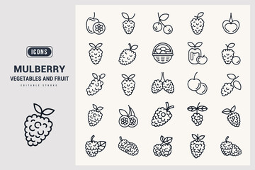 Hand Drawn Berry Fruit and Vegetable Icons for Healthy Food Design White Background.