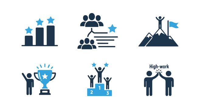 Teamwork success celebration achievement icons set for business and goals - Line and glyph solid icon and logo templete