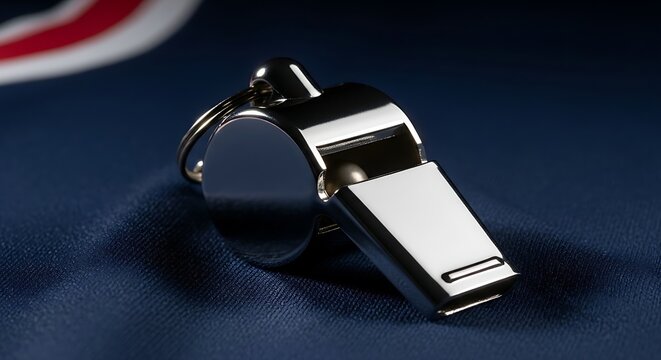 A close-up, high-angle shot of a shiny silver metal whistle resting on a dark blue fabric surface. - Powered by Adobe