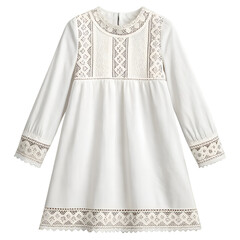 White Long Sleeve Dress with Textured Lace Bodice and Cuffs clothing fashion