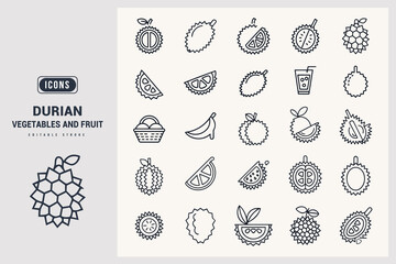 Collection of Durian Vegetables and Fruits Pixel Art Icons White Background.