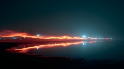Abstract glowing light trails reflecting on water at night creating a serene and futuristic landscape