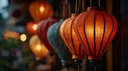 close-up of traditional Vietnamese lanterns hanging in Hoi An, softly lit at dusk, warm tones, shallow depth of field