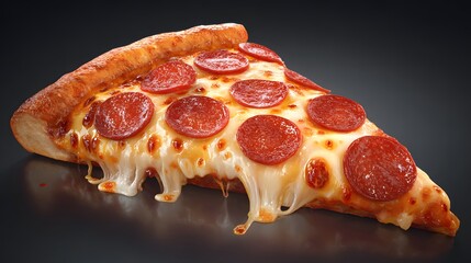 A delicious slice of pepperoni pizza with melted cheese and a crispy crust on a dark background