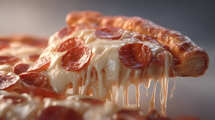 Delicious slice of pepperoni pizza with melted cheese dripping down in a close up shot