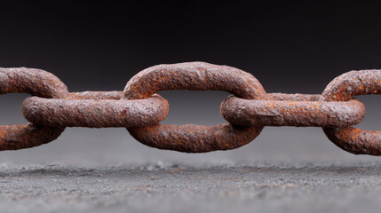 Fototapeta premium Rusty metal chain link close up with textured surface and dark background