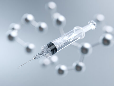 Syringe with needle and molecular structure background representing biotech and medical research