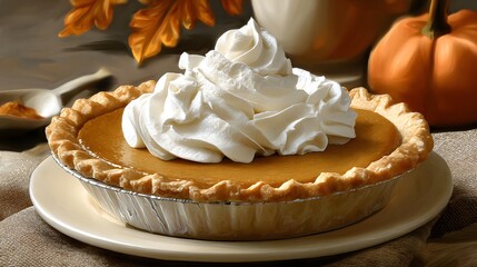 Delicious pumpkin pie topped with whipped cream on a plate with autumn decoration in the background