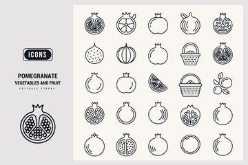 Set of Pomegranate Icons Vector Fruit Graphic Design Elements White Background.