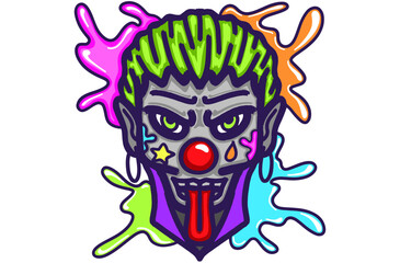 Vector Artwork of Crazy Expression of a Joker Sticking Out His Tongue with Some Colorful Neon Paint Splashes
