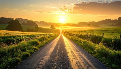 Scenic Golden Sunrise Over Country Road Through Lush Green Fields and Hills Peaceful Rural Landscape Warm Light Perspective View