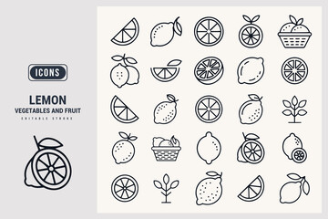 Collection of Fresh Lemon and Citrus Fruit Icons Representing Food and Health White Background.