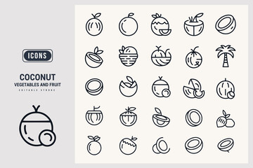 A Collection of Fresh Tropical Coconut Fruit Vector Icons White Background.