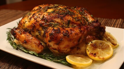 Delicious roasted chicken with herbs and lemon slices on a white plate, a culinary delight for any occasion