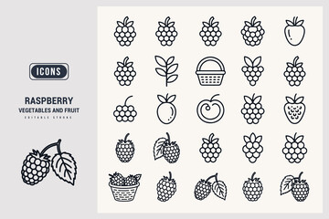 Collection of Raspberry and Other Fruit Icons and Symbols for Graphic Design White Background.