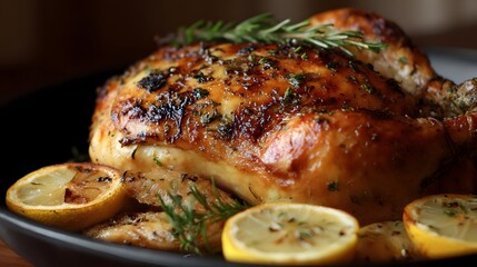 Closeup of a roasted chicken with lemon and rosemary, a delicious and healthy meal option for dinner