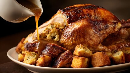 Pouring gravy over a thanksgiving turkey with stuffing, a traditional holiday meal for family and friends