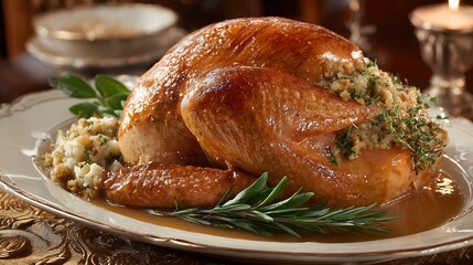 Roasted turkey with stuffing and gravy on a plate, a classic thanksgiving dish for a festive holiday meal