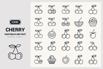 A Collection of Vector Icons Representing Cherries and Related Fruit Elements White Background.