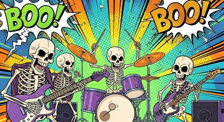 Spooky skeleton band rocks out with vibrant energy, perfect for Halloween party invites and edgy music promotions with a fun, creepy vibe