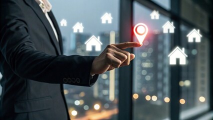 Businessman Holding Glowing GPS Location Pin with Floating House Icons for Smart Real Estate Navigation