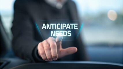 proactive+customer+care A businessman interacting with a digital interface displaying "Anticipate Needs.