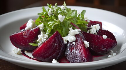 Beet salad with goat cheese and arugula on a white plate, a fresh and healthy vegetarian dish