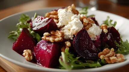 A delicious beet salad with goat cheese and walnut, a vibrant and healthy dish served on a white plate