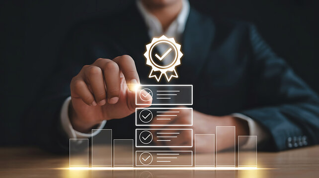 Business man presenting quality guarantee award for product certification approval process and corporate compliance audit assurance