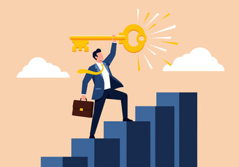 Vector Illustration: An ambitious businessman ascends the steps of progress, triumphantly raising the golden key to unlock his future success. 