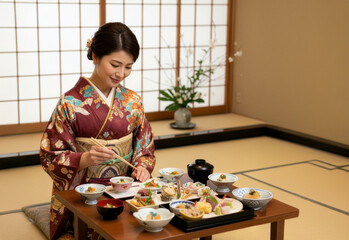 日本の伝統美と贅沢：着物姿の女性が和室で懐石料理を堪能する優雅な時間