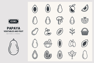 Set of 45 Unique Papaya Vector Line Art Icons for Design Projects White Background.