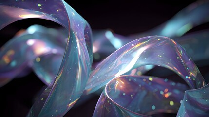 Abstract iridescent ribbons intertwining in a complex arrangement, creating a captivating and dynamic composition