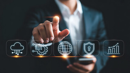 Businessman touches digital interface with cloud computing global networking security and financial growth icons representing modern technology