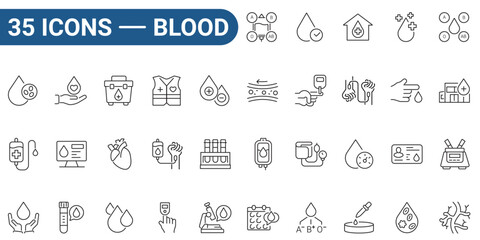 Set of 35 outline icons related to blood. Linear icon collection. Editable stroke. Vector illustration