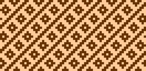 Traditional Ethnic Geometric Pattern Seamless Vector Background, Brown Tribal Textile Ornament with Diagonal Square Motifs, Abstract Folk Fabric Design for Wallpaper and Decoration