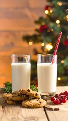 Milk and cookies near Christmas tree