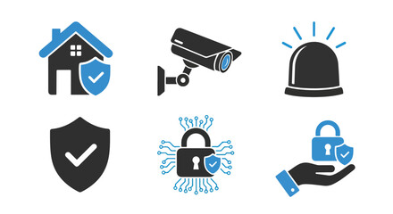 Home security icons set protect lock surveillance alarm shield safety system - Line and glyph solid icon and logo templete