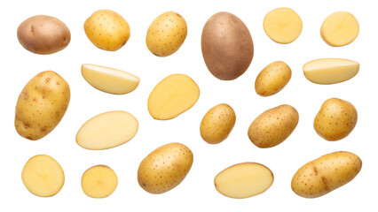 Potato PNG Set &ndash; Realistic Potatoes Isolated on Transparent Background: Whole, Peeled, Sliced, Wedges, Baked, Sprouting, Red, Yellow, Purple, Sweet, Fingerling, Baby, Rustic and Cut Variations