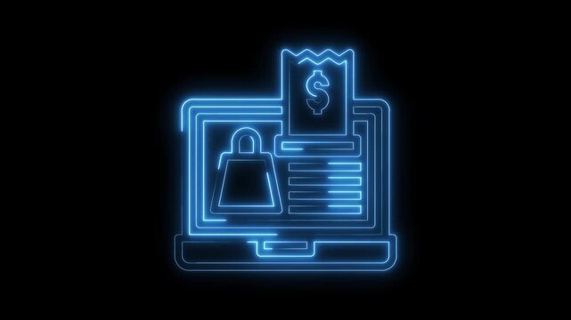 Neon online shopping laptop with receipt dollar symbol glow effect on dark background