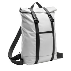 White roll-top backpack with black straps and buckles on white background graphic design